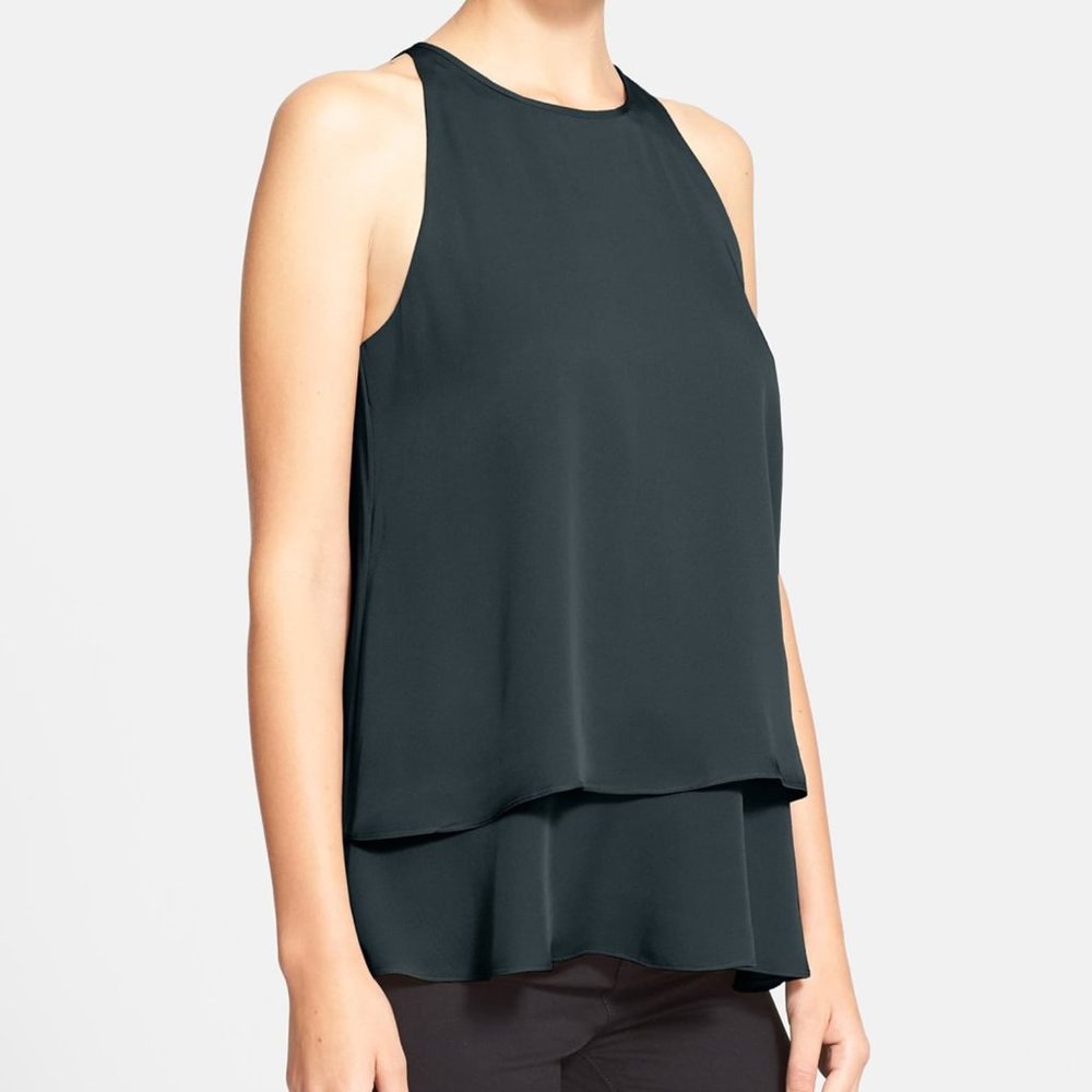Theory 100% Silk Layered Tank Hunter Green Size: S
